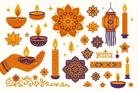 Flat Vector Illustration Set of Diwali and Indian Festival Icons with Diyas, Mandalas, and Lanterns