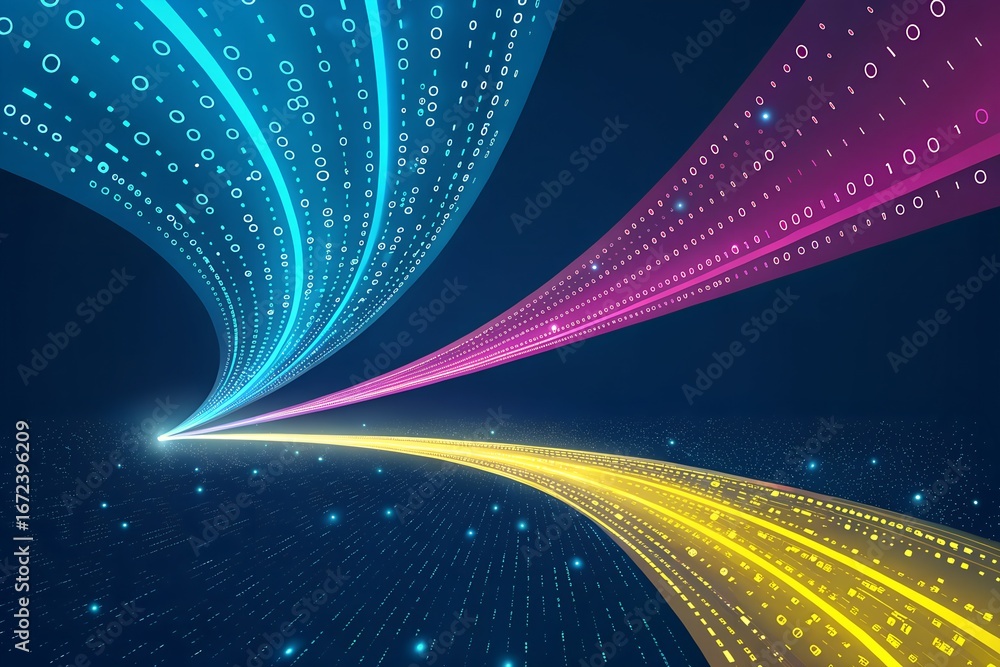Poster digital data stream abstract illustration, representing data flow and information processing on a bl