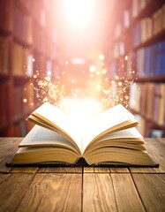 Open book, glowing magic, library setting