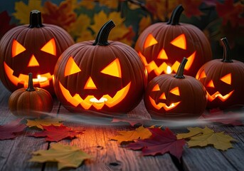 Fototapeta premium Photo of festive halloween display of glowing jackolanterns and autumn leaves on a rustic wooden table, creating a warm and spooky seasonal atmosphere