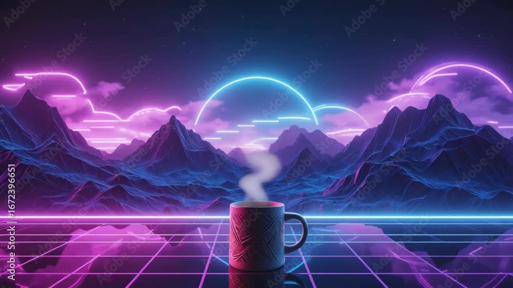 Aufkleber steaming mug sits on a reflective grid surface, with a backdrop of neon-lit mountains and a glowing 