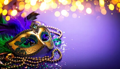 Festive mask and beads on a purple background