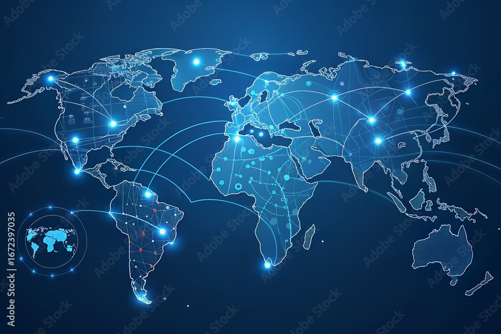 Poster global network illustration with connections across continents, representing communication and data 