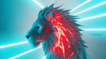Majestic lion with glowing mane and piercing gaze emerges from vibrant neon lights, creating a captivating digital art piece that blends nature and technology