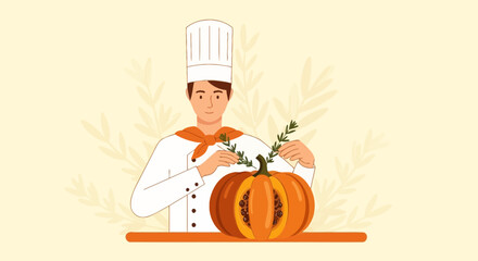 A Chef Decorates a Pumpkin Dish With Greenery for Gastronomic Presentation