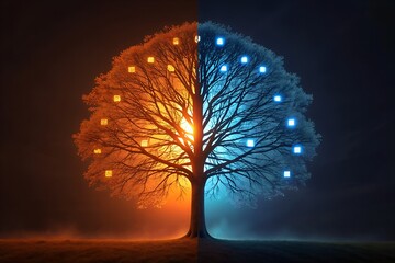 A Majestic Tree Illuminated by the Warm Glow of Fire on One Side and the Cool Light of Digital Technology on the Other