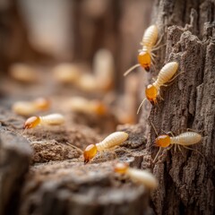 Macro shot of termites crawling on a wooden surface, showcasing intricate details and textures. The termites exhibit a yellowish-brown hue, contrasting with the weathered wood.
