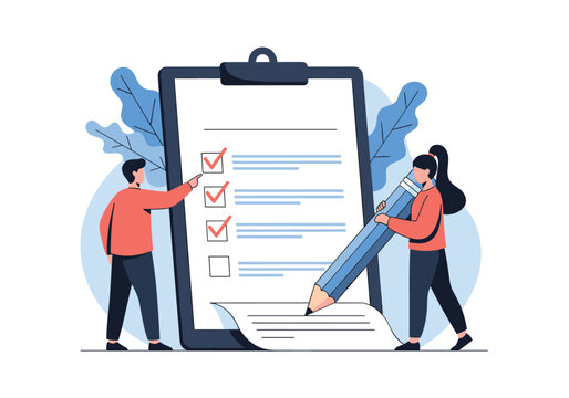 Collaborative checklist completion with two people and a giant pencil demonstrating project task management and organization