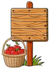 Basket of red ripe apples by a blank wooden sign with room for text