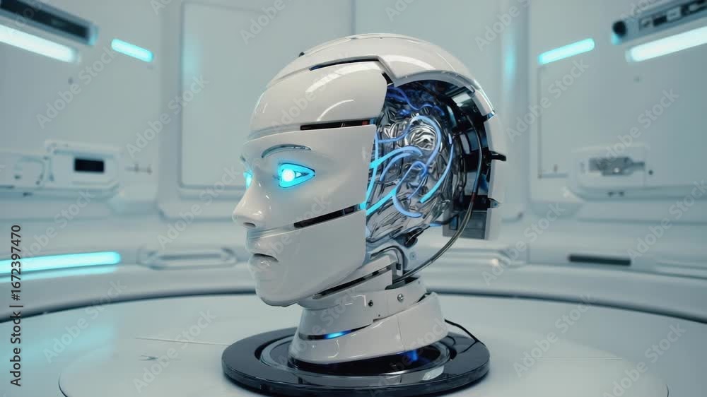 Poster futuristic robot head with glowing blue eyes showing its artificial brain and circuits in a white la