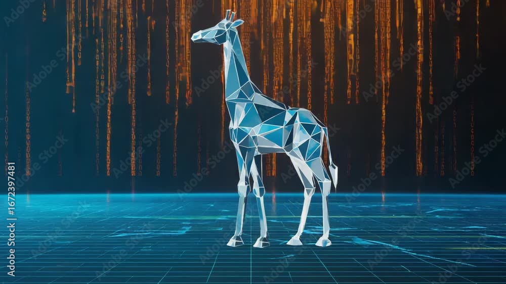 Poster low-poly giraffe standing in a cyberspace environment with matrix-style code cascading in the backgr