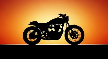 Silhouette of a cafe racer motorcycle against a vibrant orange sunset creating a dramatic and powerful visual.