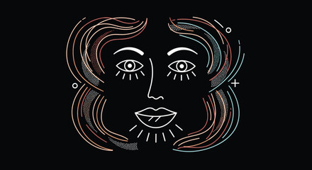 Naklejka premium Modern abstract line art face illustration against a black background for creative designs