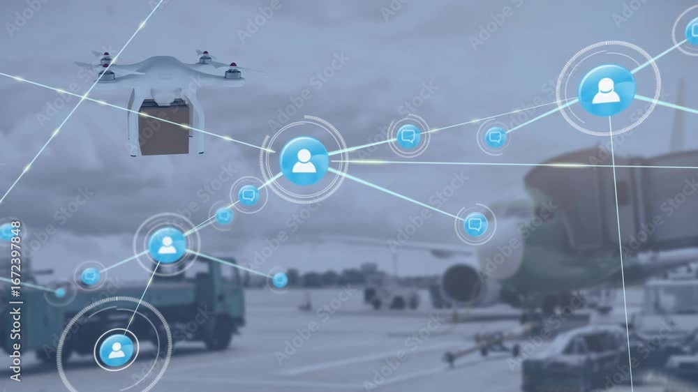 Poster animation of network of connections with icons over drone and plane