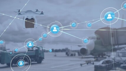 Animation of network of connections with icons over drone and plane - Powered by Adobe