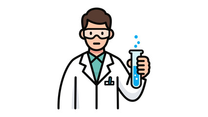 Scientist in Lab Coat Conducting Experiment: An illustrated scientist, garbed in a pristine lab coat and protective eyewear, meticulously examines a test tube filled with vibrant blue liquid.