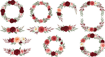 Collection of floral wreaths and bouquets with red pink white flowers and leaves