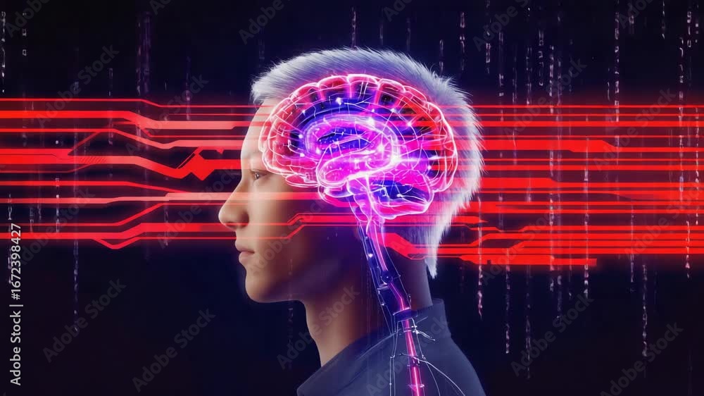 Poster profile of businessman with glowing digital brain and data visualization flowing representing artifi