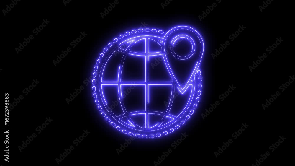 Poster glowing neon blue globe pin icon animation isolated on black background with circular border effect