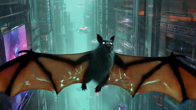 Giant bat with glowing red eyes is flying through a futuristic city with flying cars and holographic advertisements, showcasing a unique blend of fantasy and science fiction