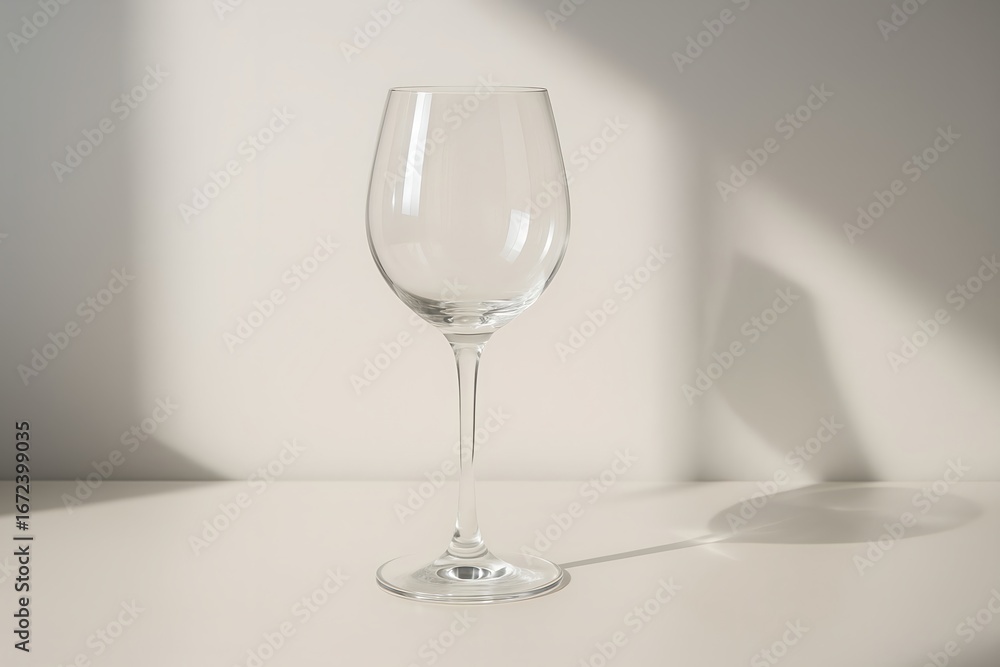Aufkleber a clear empty wine glass sits on a white surface with soft shadows cast on a plain wall, creating a 