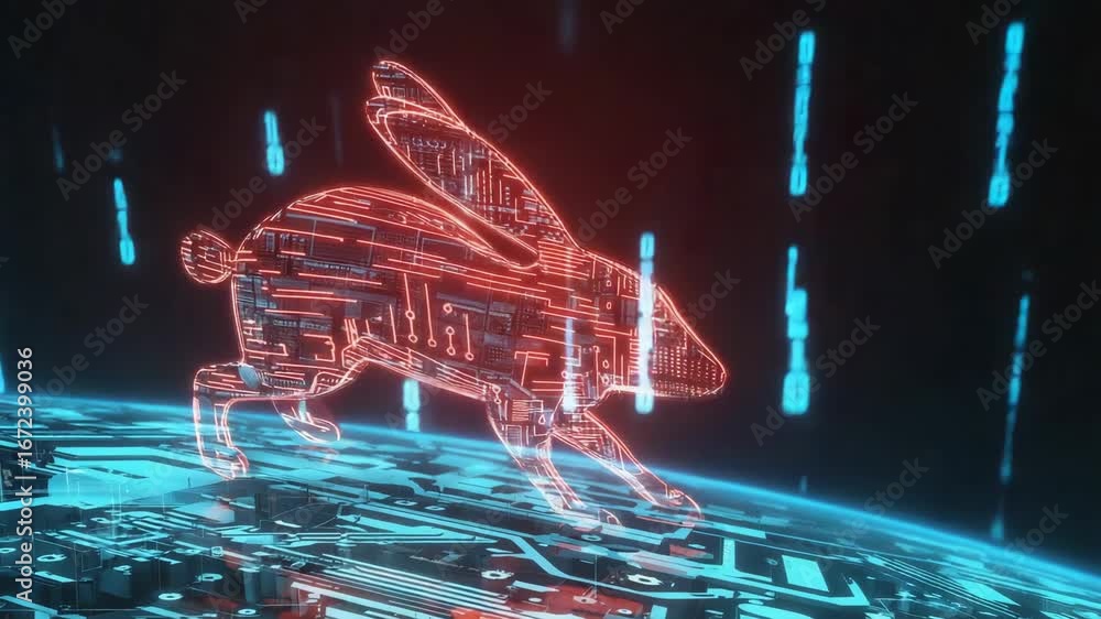Poster glowing red rabbit made of circuits running across futuristic circuit board with binary code falling