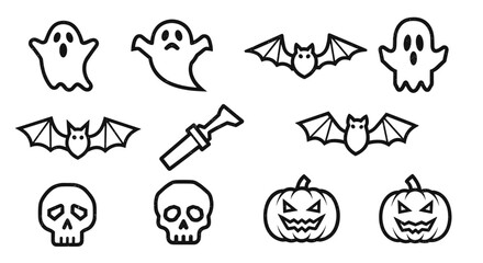 Naklejka premium Spooky Halloween icons including ghosts, bats, pumpkins, and skulls for festive designs and projects
