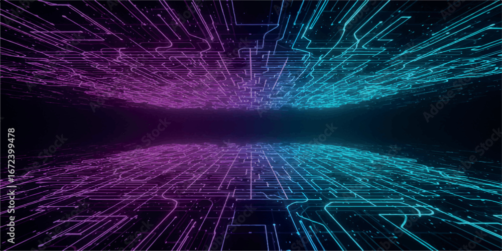 Poster abstract digital network of glowing lines in purple and cyan, representing data flow and technology 