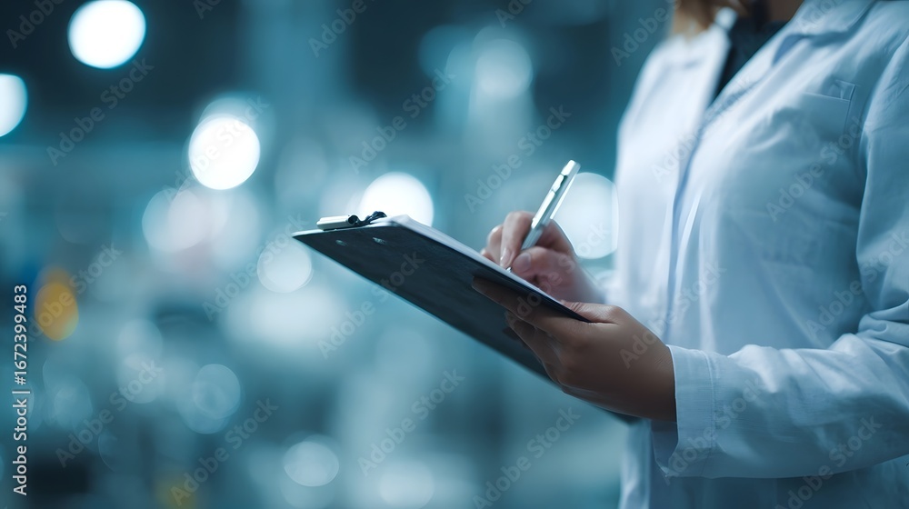 Poster scientist conducting an experiment and documenting the process in a laboratory setting