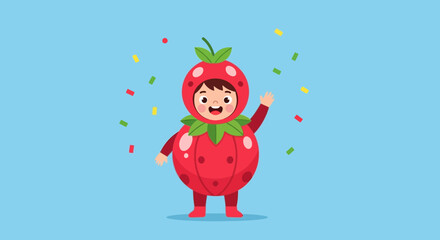 Naklejka premium A Joyful Child Wearing Strawberry Costume Celebrating With Colorful Confetti