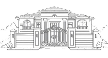 Elegant architectural illustration of a luxurious residential property with a gated entrance and detailed facade.