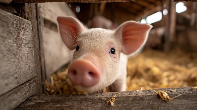 Curious Piglet in a Barn Looking at the Camera, Farm Animal in a Rural Agricultural Setting