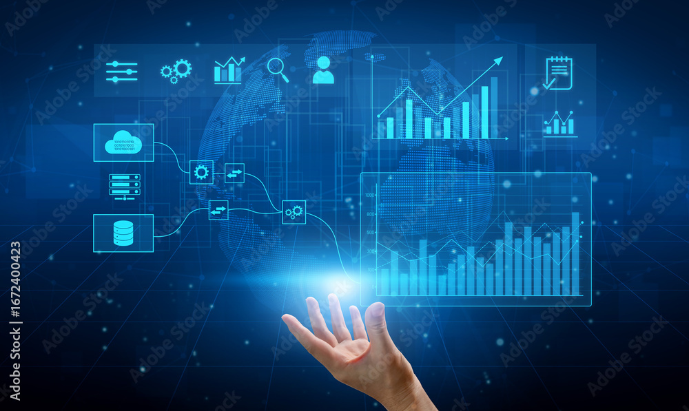 Aufkleber data flow from database and cloud to processing and analytics dashboards, representing data analysis