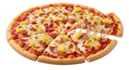 Delicious hawaiian pizza with melted cheese and toppings ready to enjoy