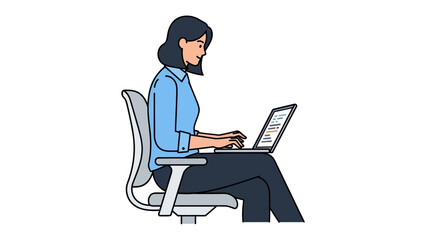 Focused Productivity: A young, professional woman diligently works on her laptop while seated, showcasing dedication to her work.