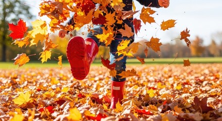 Joyful child in red boots kicking up autumn leaves.