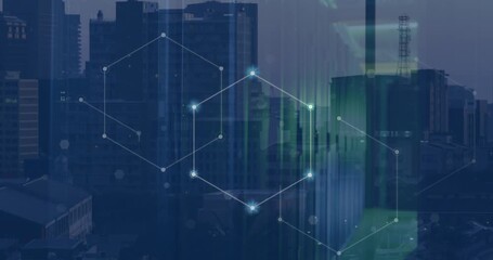 A digitally generated animation of a network of connections with glowing spots over a cityscape - Powered by Adobe