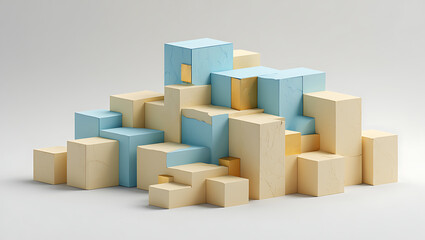Fototapeta premium An abstract arrangement of light blue and beige geometric blocks stacked in a dynamic, uneven formation on a white background
