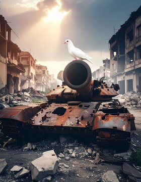 Tanque corro&iacute;do y lleno de agujeros de metralla, abandonado en medio de una ciudad en ruinas. Encima del ca&ntilde;&oacute;n del tanque, una paloma blanca posada con serenidad, simbolizando paz.