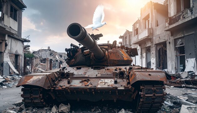 Tanque corro&iacute;do y lleno de agujeros de metralla, abandonado en medio de una ciudad en ruinas. Encima del ca&ntilde;&oacute;n del tanque, una paloma blanca posada con serenidad, simbolizando paz.