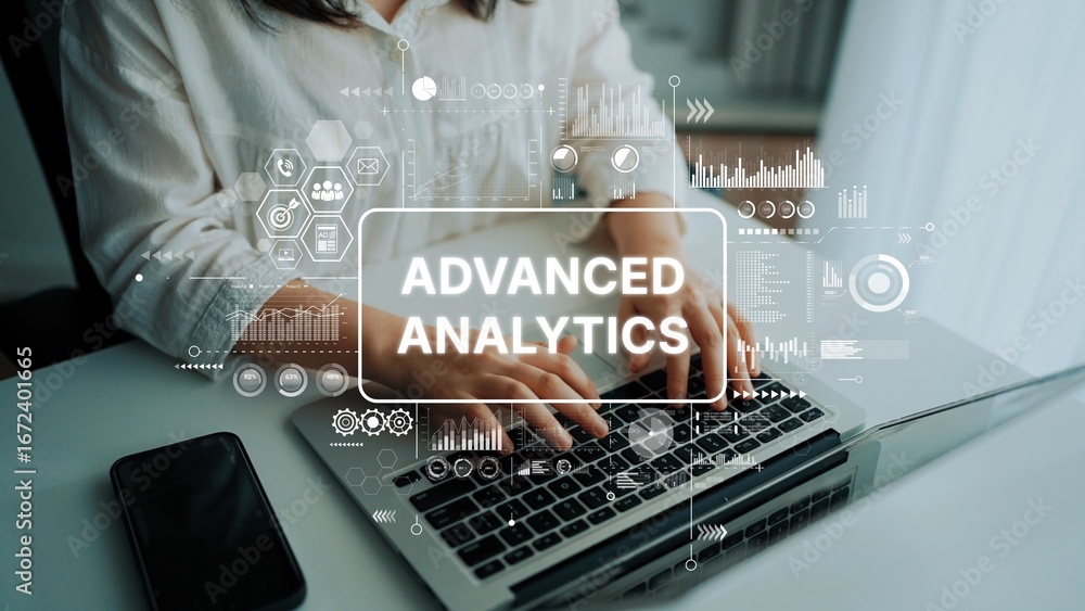 Poster advanced analytics concept with data visualization and technology interface on a laptop in a modern 
