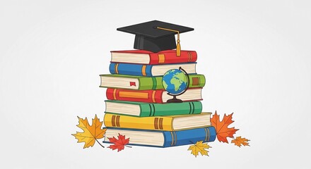 Stack of books with graduation cap and globe, autumn leaves, for education