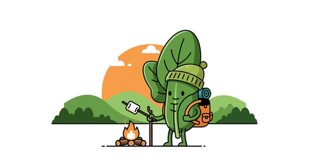 Adventurous Spinach Character Enjoying Camping And Roasting Marshmallows By The Campfire