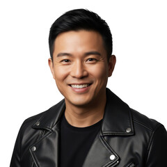 Smiling asian man in leather jacket posed for portrait photography transparent background