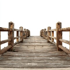Fototapeta premium A wooden bridge leads to an unknown destination against an inviting sky. The detailed design is shown in the wood, demonstrating craftsmanship and design