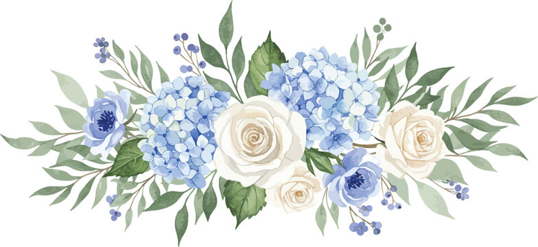 Beautiful bouquet of white and blue flowers with green leaves arrangement