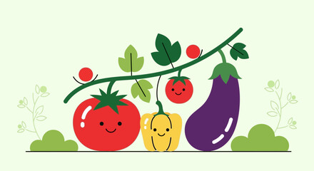 Adorable Cartoon Vegetables Smiling Underneath Green Stalks, Showing Happy Faces
