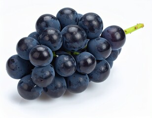 A ripe cluster of dark purple grapes, glistening with dew drops on a clean white background.