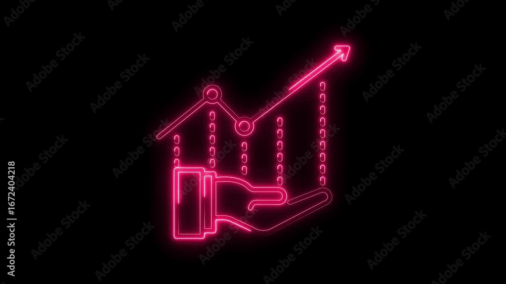 Poster glowing neon hand holding upward trend graph icon with data points isolated on black background