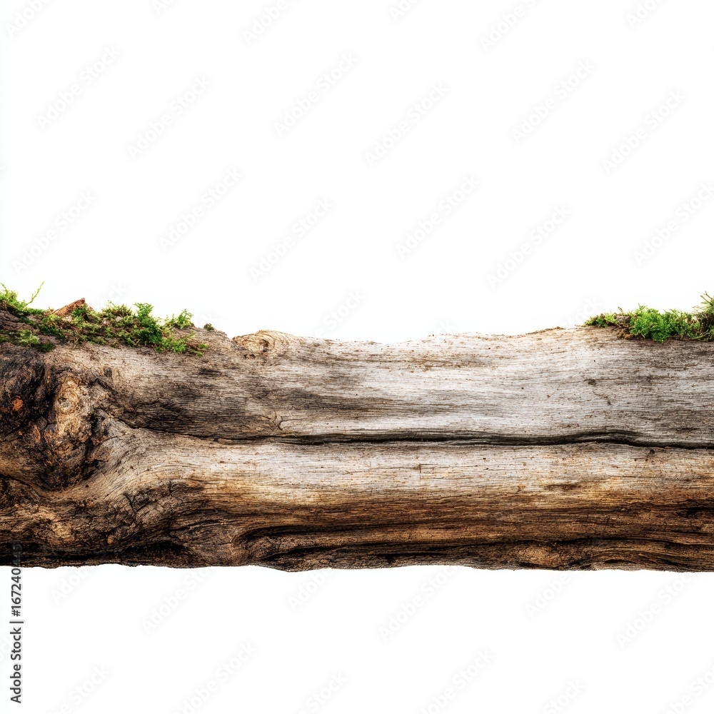 Poster a close-up of a weathered log with green moss growing on it. the log shows signs of age and texture.